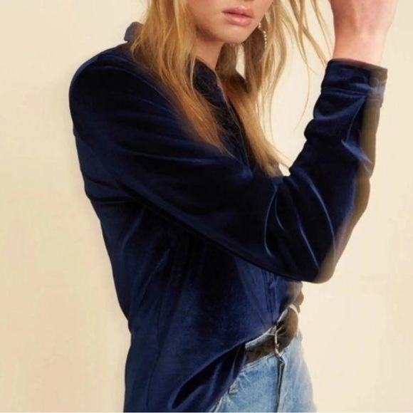 NEW! LPA Velvet Velour Long Sleeve Button Front Shirt Top Night Blue SZ XS - Picture 1 of 14